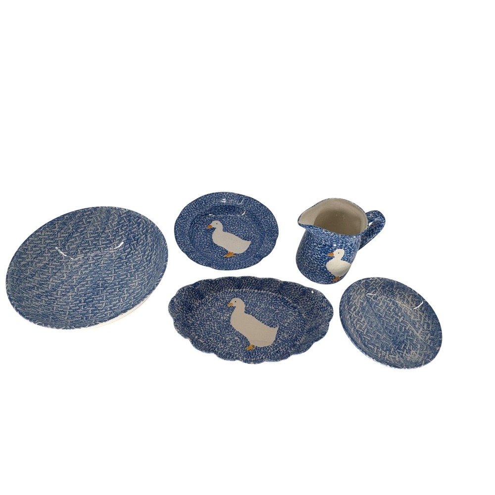 Vintage Blue Speckled Spongewear Goose Duck Pottery Set 5pc Country Farmhouse - Picture 3 of 15
